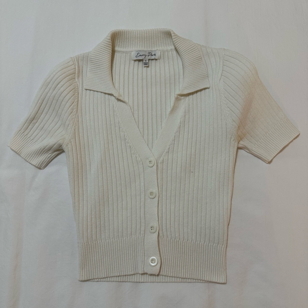 Cream Ribbed Short Sleeve Cardigan